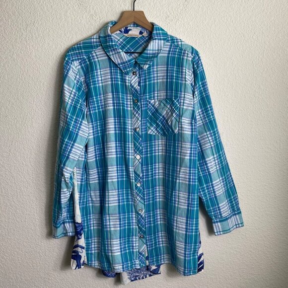 Soft Surroundings Aramie Women’s Plaid Front Peacock Back Shirt Size 1X Top - Picture 3 of 11